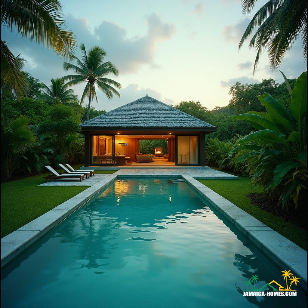 A modern Jamaican square cottage nestled in the vibrant Caribbean landscape, featuring a single, slender swimming lane pool. Cinematic film still captured on a V-Raptor XL, showcasing rich film grain, a subtle vignette, professional color grading, and dramatic cinematic lighting. Shot on 35mm film for an atmospheric, live-action, epic masterpiece of stunning quality.