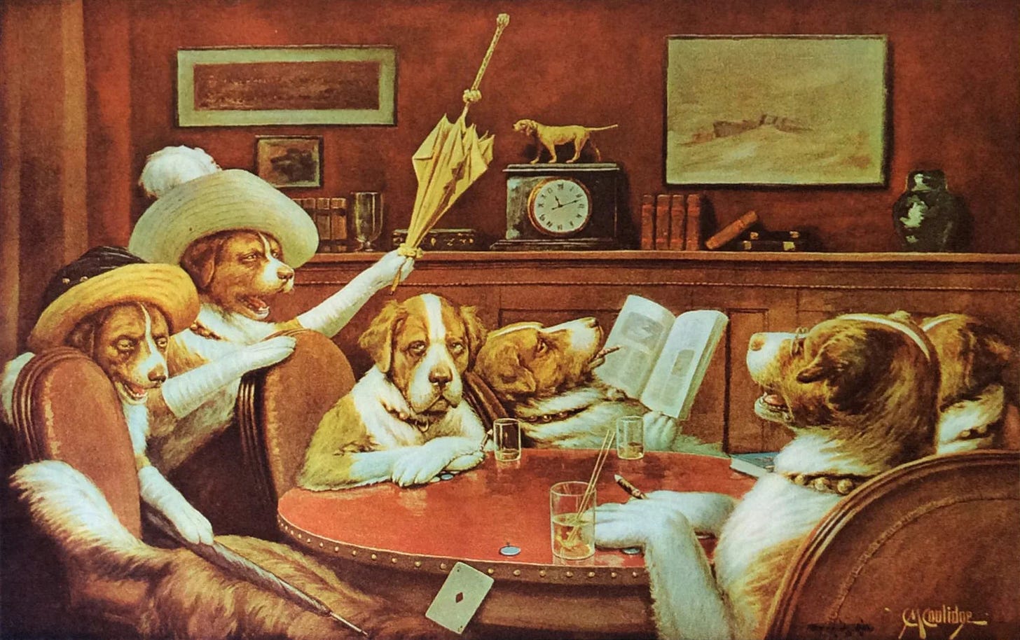 Dogs sitting up with sick friend painting Dogs sitting up with sick friend painting
