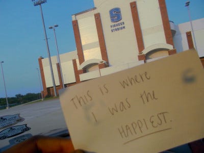 a gallery of photos which contain 17-year-old Ari's hand holding flashcards in front of various locations. each flashcard reads "this is where I..." and is completed with the memory associated with the location