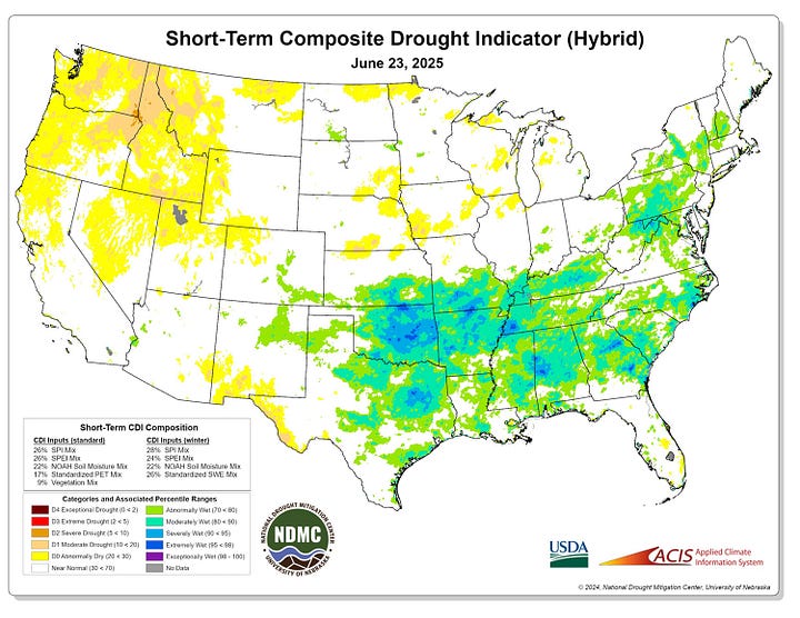 Two maps showing drought (L) and drought plus soil moisture (R)