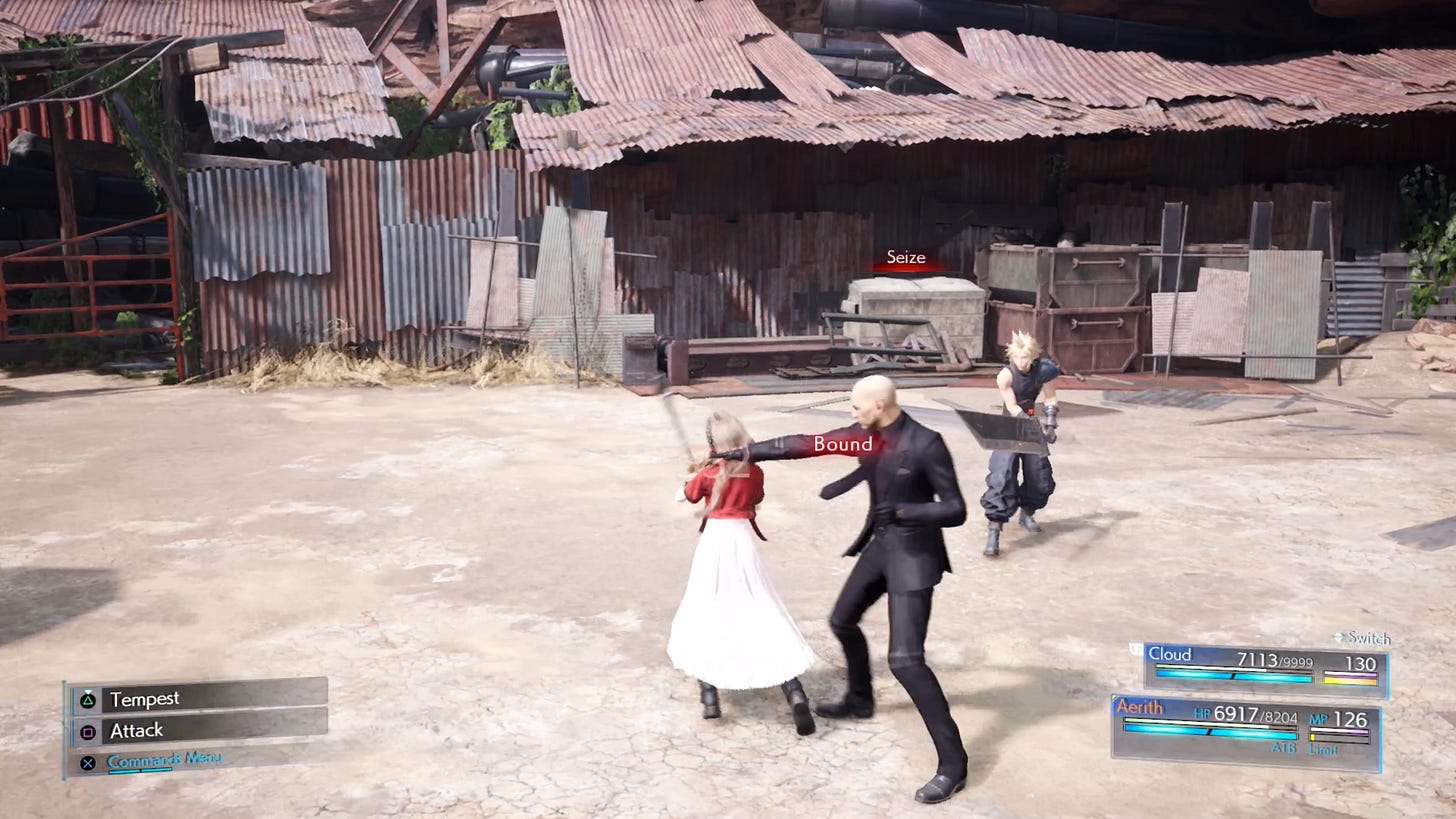 Rude knocks Aerith out with a hit against her neck.