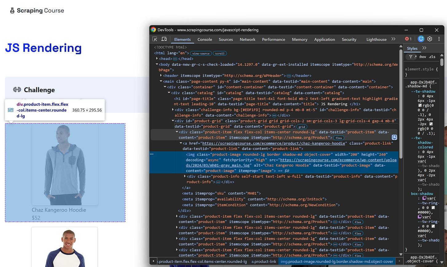 Inspecting a product on the page
