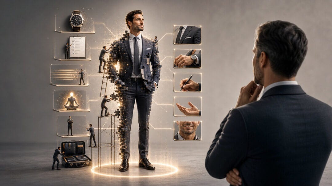ilustração de um cliente analisando um vendedor.. Ele repara na roupa e nos acessórios que o vendedor usa
