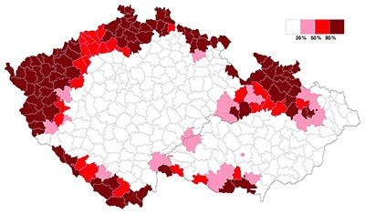 Image of Czechoslovakia showing Sudetenland, which were regions all along the Czech northern, western, and southern borders containing people of German descent. Image of Czechoslovakia showing Sudetenland, which were regions all along the Czech northern, western, and southern borders containing people of German descent.