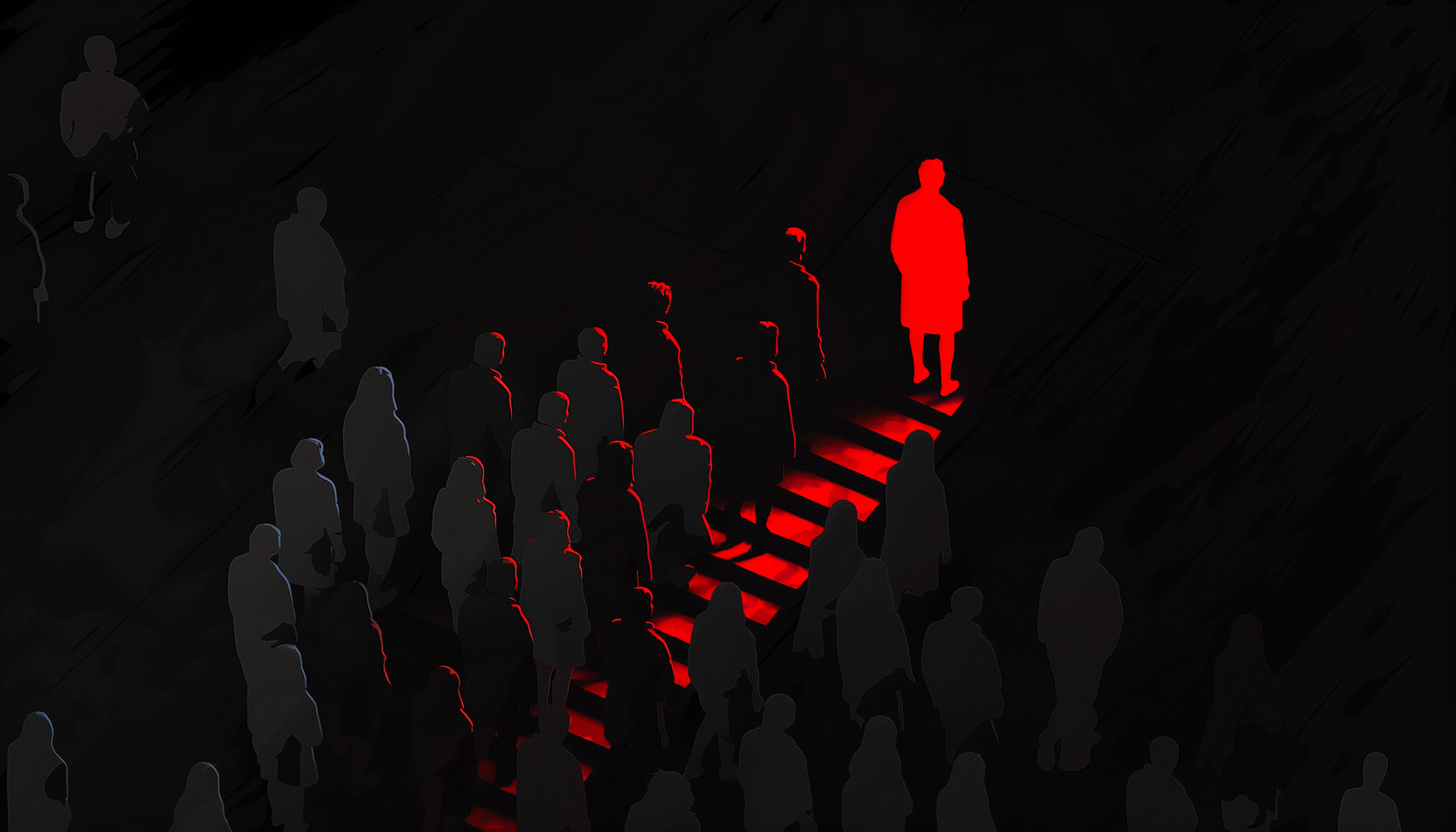 Silhouettes of people standing in a dark environment with one person illuminated in red standing on red-lit stairs, symbolizing the focus on strategic red team efforts in the AI lifecycle.