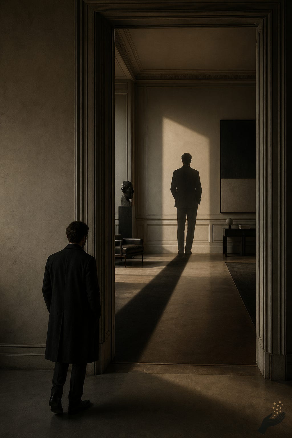 Reputation crosses the threshold first; the body follows its own shadow into the room. A person in a dark coat stands just outside a doorway, looking into an elegant dim room where a tall shadowy figure and long shadow stretch across the floor ahead of them.