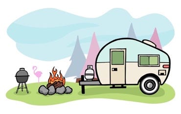 A camper trailer and campfire