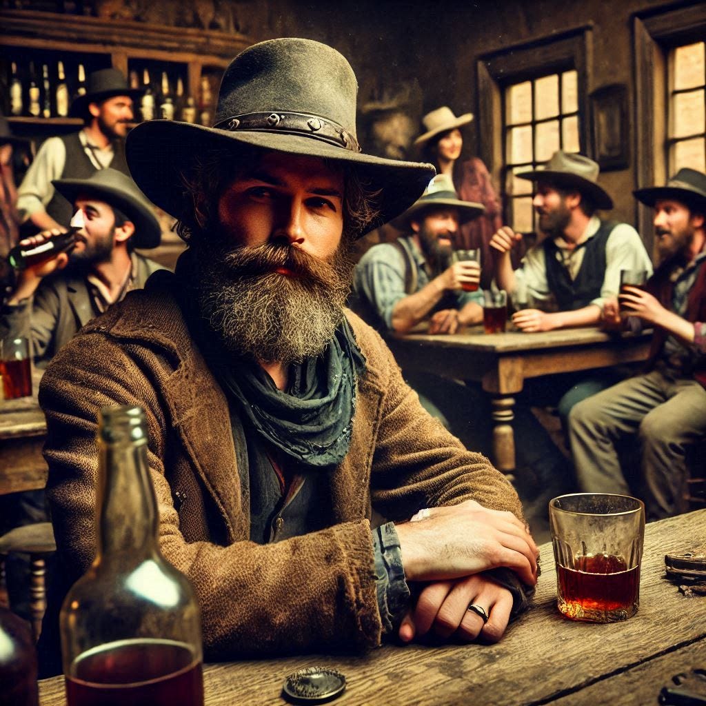 an outlaw in an 1870s saloon looking filthier
