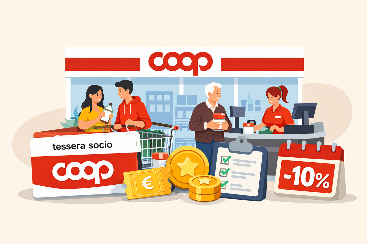 Illustrazione di una tessera socio Coop con clienti che fanno la spesa e icone di sconti, raccolta punti e promozioni per giovani soci. Illustrazione di una tessera socio Coop con clienti che fanno la spesa e icone di sconti, raccolta punti e promozioni per giovani soci.