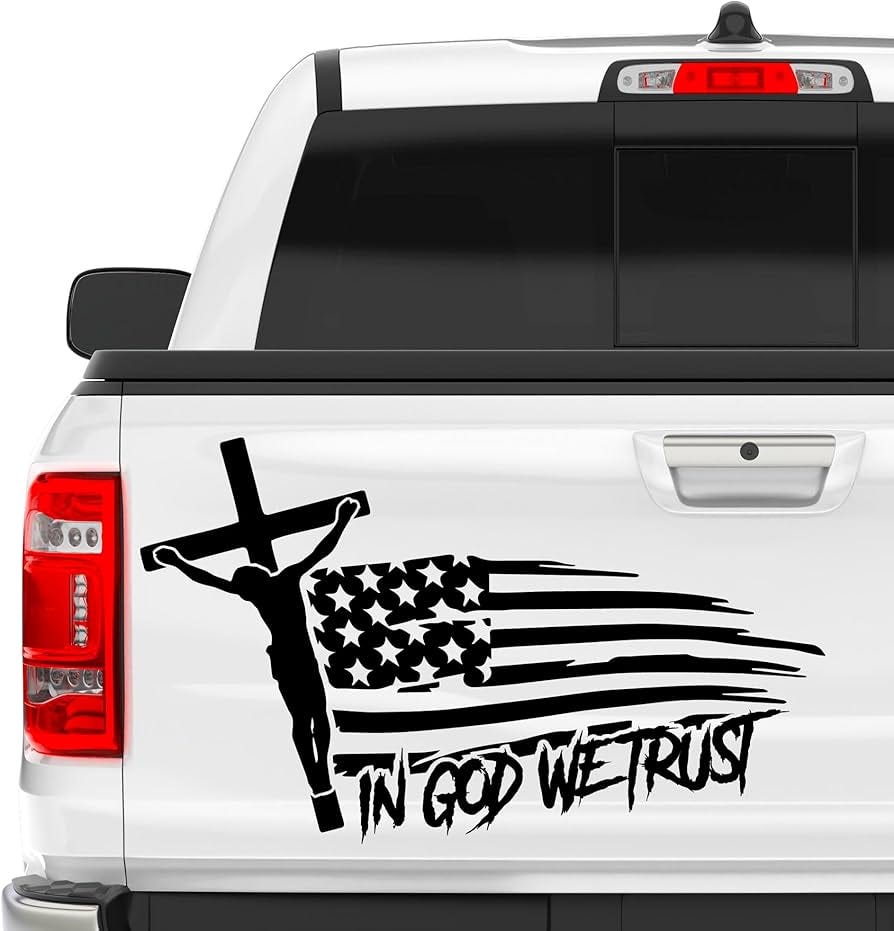 20" in God We Trust Jesus on The Cross Distressed American Flag Christian  Truck Car Vinyl Decal Sticker (Black)