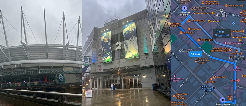 The pictures I took of BC Place and Rogers Arena in the rain and my route to Vancouver Lookout