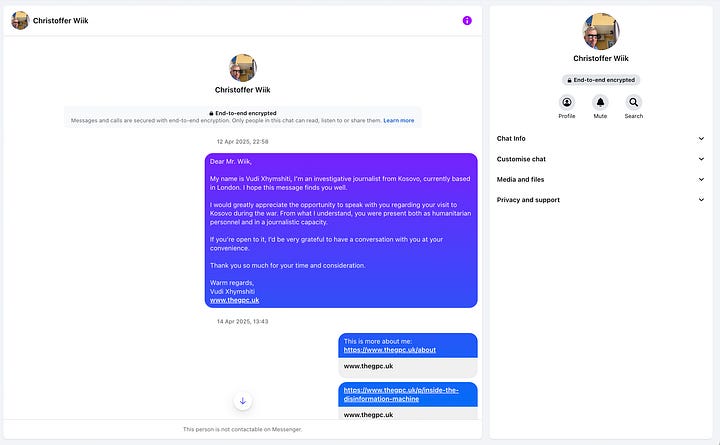Këto pamje dokumentuese tregojnë përpjekjet tona fillestare për të kontaktuar z. Christoffer Wiik në prill 2025, me qëllim zhvillimin e një interviste për të verifikuar pretendime të ndjeshme. Z. Wiik nuk u përgjigj dhe më pas na bllokoi në Facebook. Pas deklaratës së rreme të z. Milaim Zeka, i cili në transmetim të drejtpërdrejtë pretendoi dy herë se unë kisha folur me zt Wiik, kontrolluam përsëri dhe konfirmuam se z. Wiik na kishte bllokuar. Më 29 maj 2025, i dërguam z. Zeka një email zyrtar duke i kërkuar të sqarojë deklaratat e tij publike.