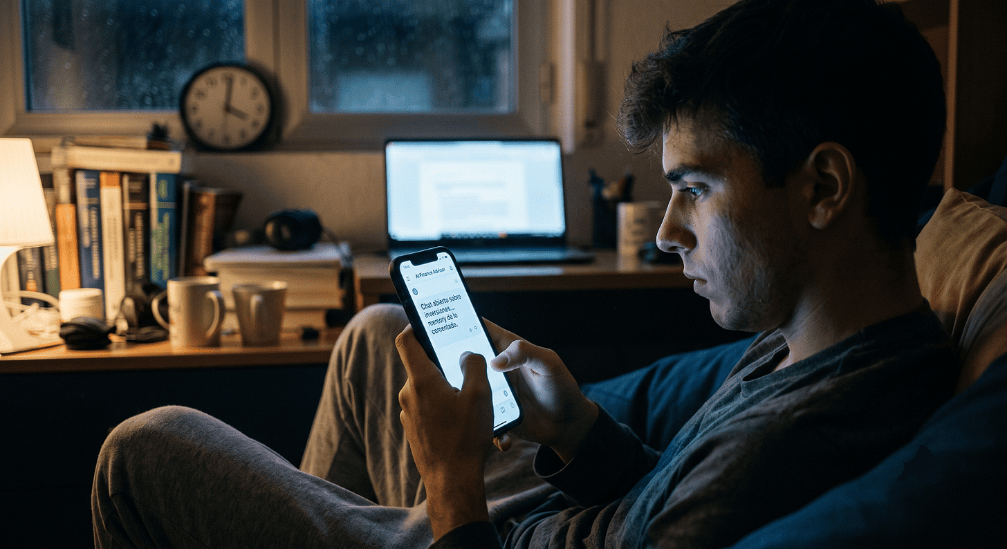 joven solo en su habitación, inmerso en la oscuridad, iluminado únicamente por la luz de su teléfono móvil mientras mantiene ese "chat abierto" con su IA a las 3:00 a. m. joven solo en su habitación, inmerso en la oscuridad, iluminado únicamente por la luz de su teléfono móvil mientras mantiene ese "chat abierto" con su IA a las 3:00 a. m.