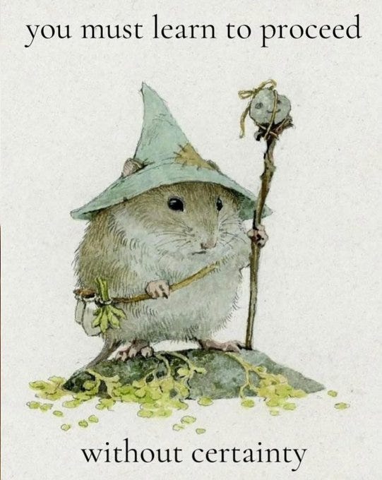 A small mouse wearing a green wizard hat and holding a staff with a tied knot and leaf. The mouse stands on a rock surrounded by green leaves. Text above reads "you must learn to proceed" and below reads "without certainty".