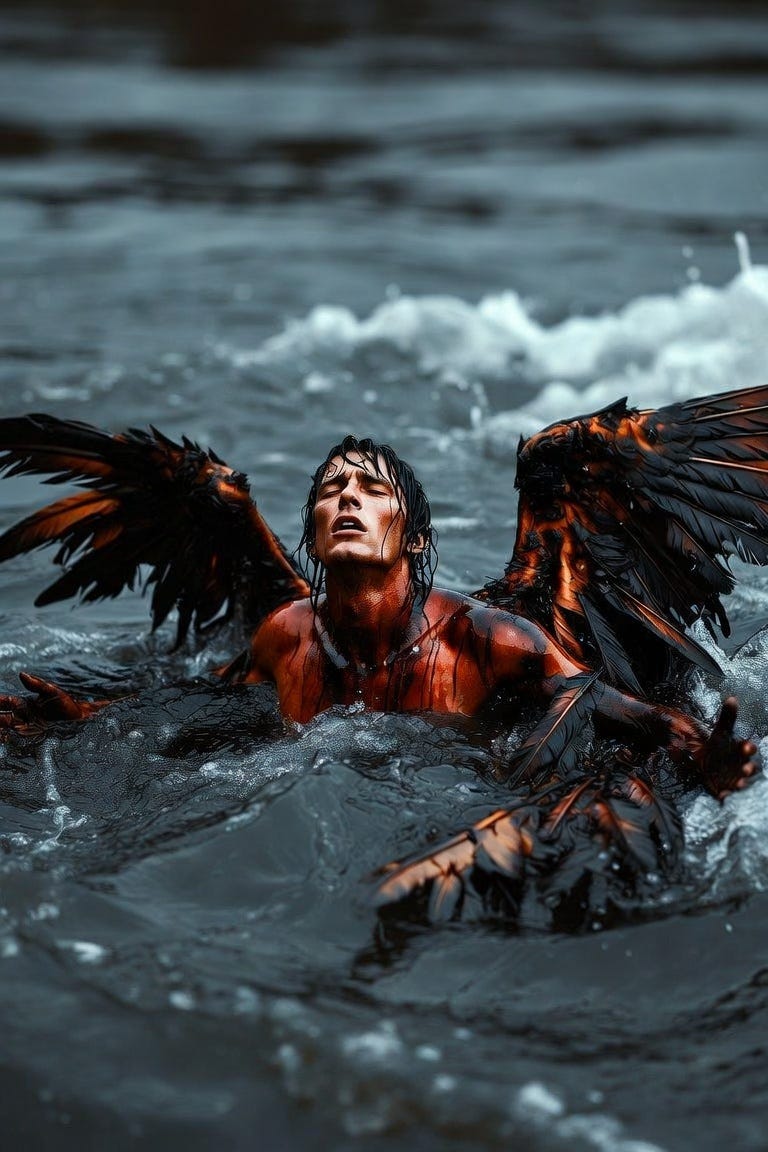 A male angel with burned wings drowning A male angel with burned wings drowning