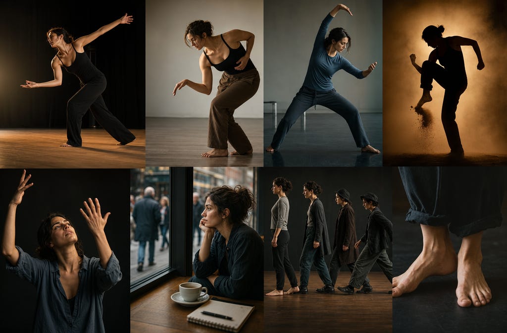 An actor in a neutral rehearsal space exploring a character pose, weight shifted, expressive posture in soft natural light