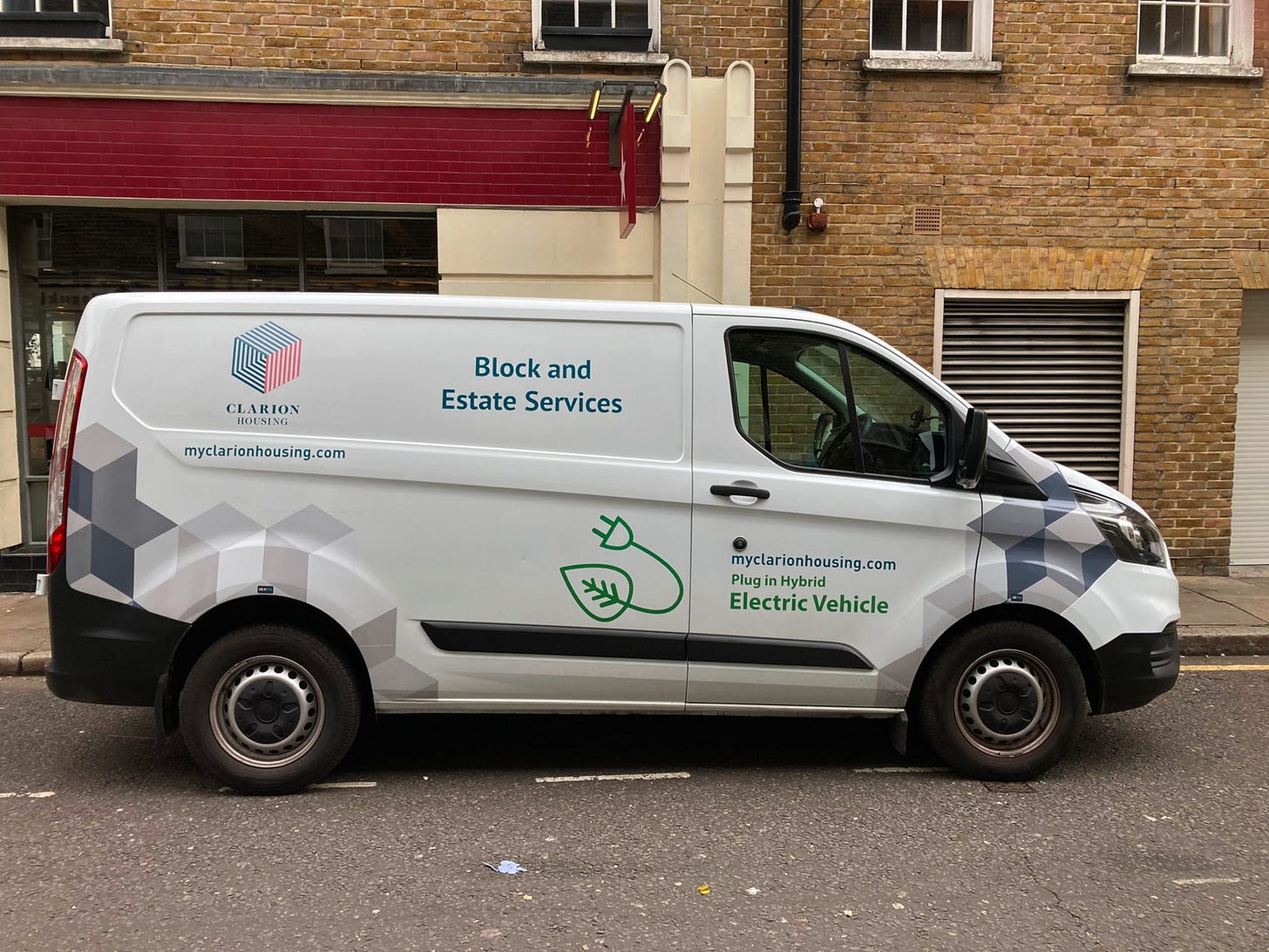 A Clarion Housing block and estate services van parked in Whitfield Street, Fitzrovia.