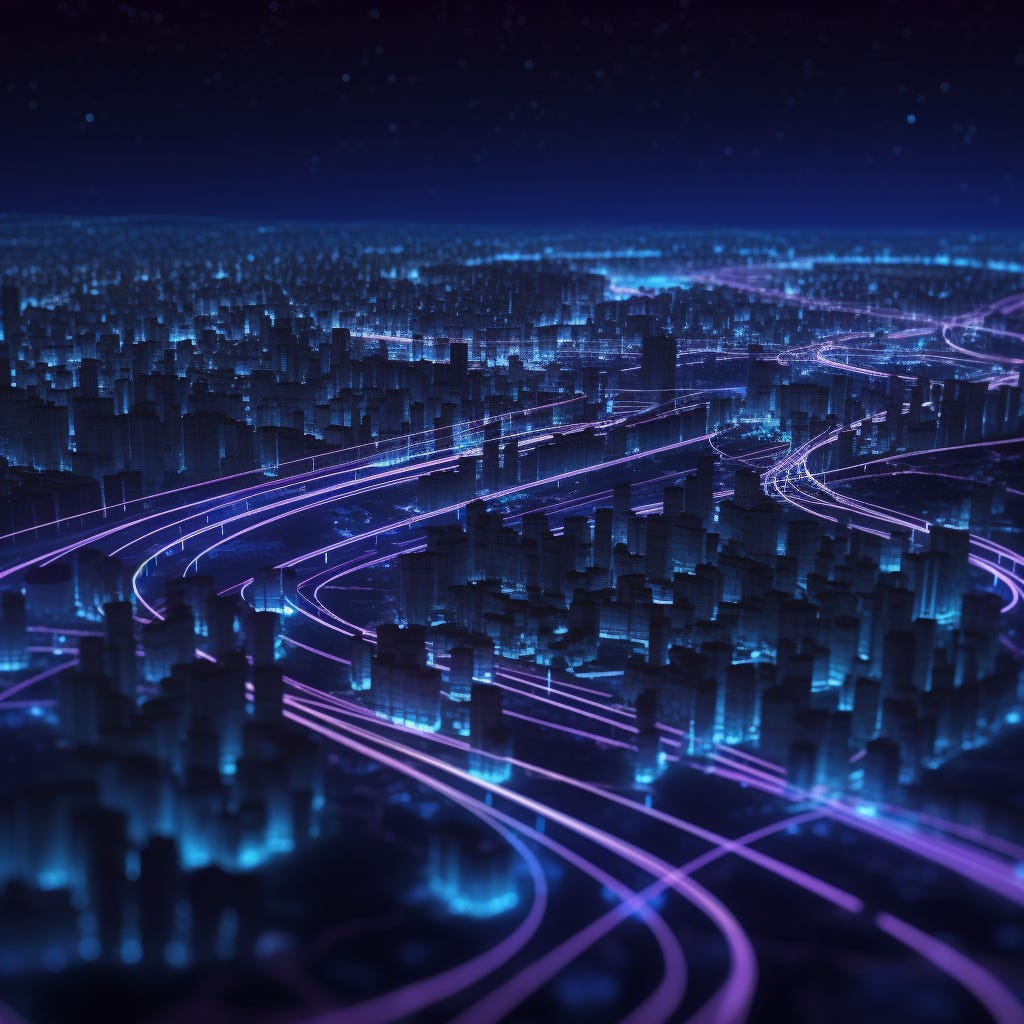 network infrastructure concept, cities and purple lines surrounded by the sky, The dark city at night
