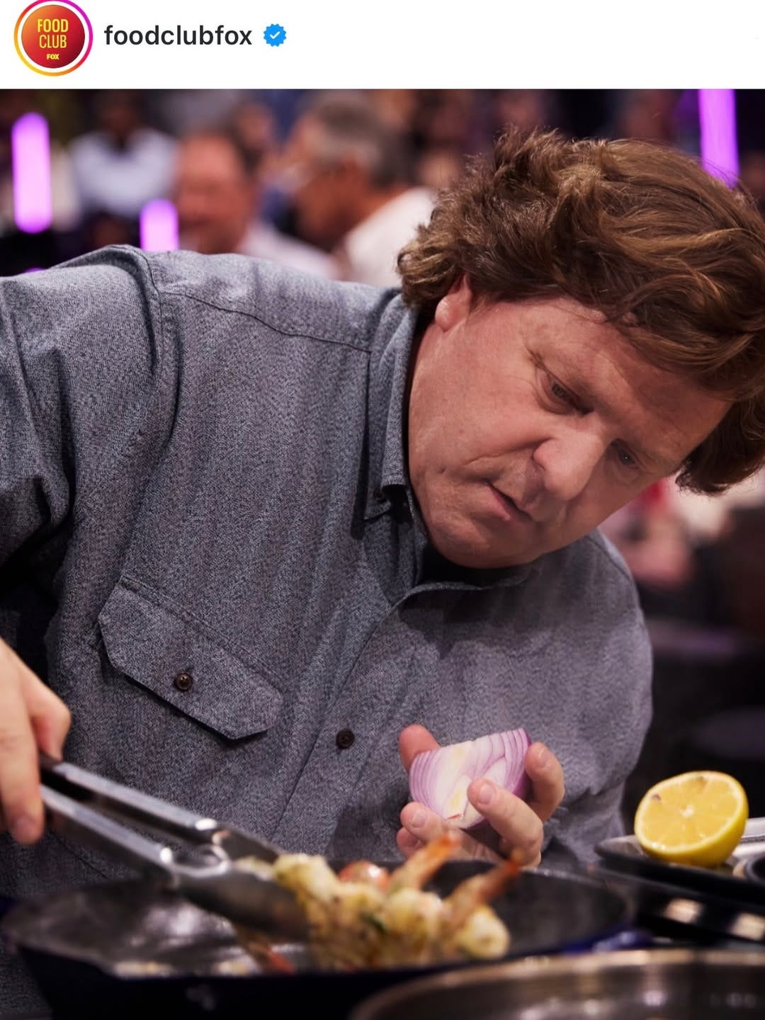 Ted Pappas in a grey shirt cooking with an iron skillet on MasterChef 16 Ted Pappas in a grey shirt cooking with an iron skillet on MasterChef 16