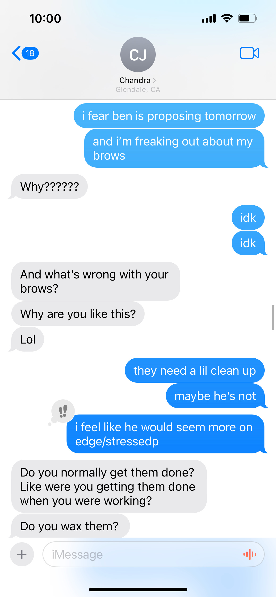 A text message with Chandra about the eyebrow wax.
