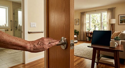 A hand on a lever door handle