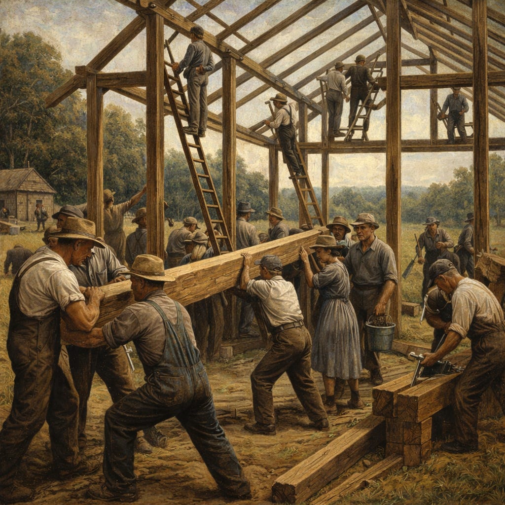 A square American Regionalist-style painting of a barn raising in progress, with men and women in plain work clothes lifting a heavy timber, climbing ladders, hammering beams, and assembling the wooden frame of a barn in a warm rural landscape.