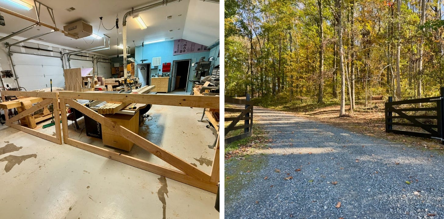 On the left, two new gates in mid-construction in my shop. On the right, the painted and hung gates. On the left, two new gates in mid-construction in my shop. On the right, the painted and hung gates.