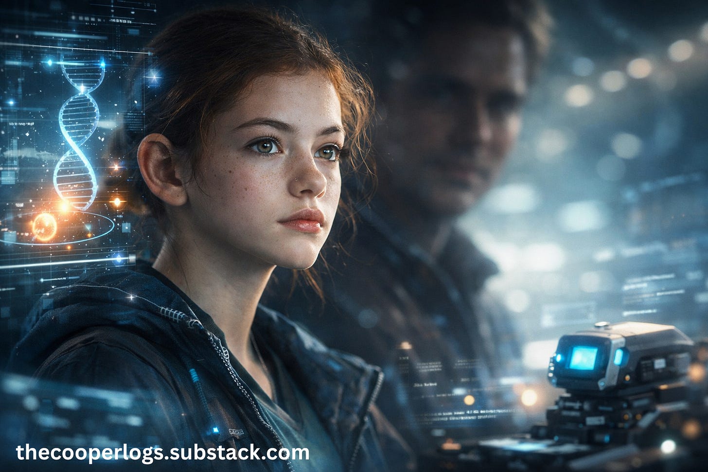 Futuristic hero image of a determined teenage girl inspired by Murph, surrounded by holographic data and AI interface elements, with a small robotic device glowing beside her in a cinematic sci-fi setting.