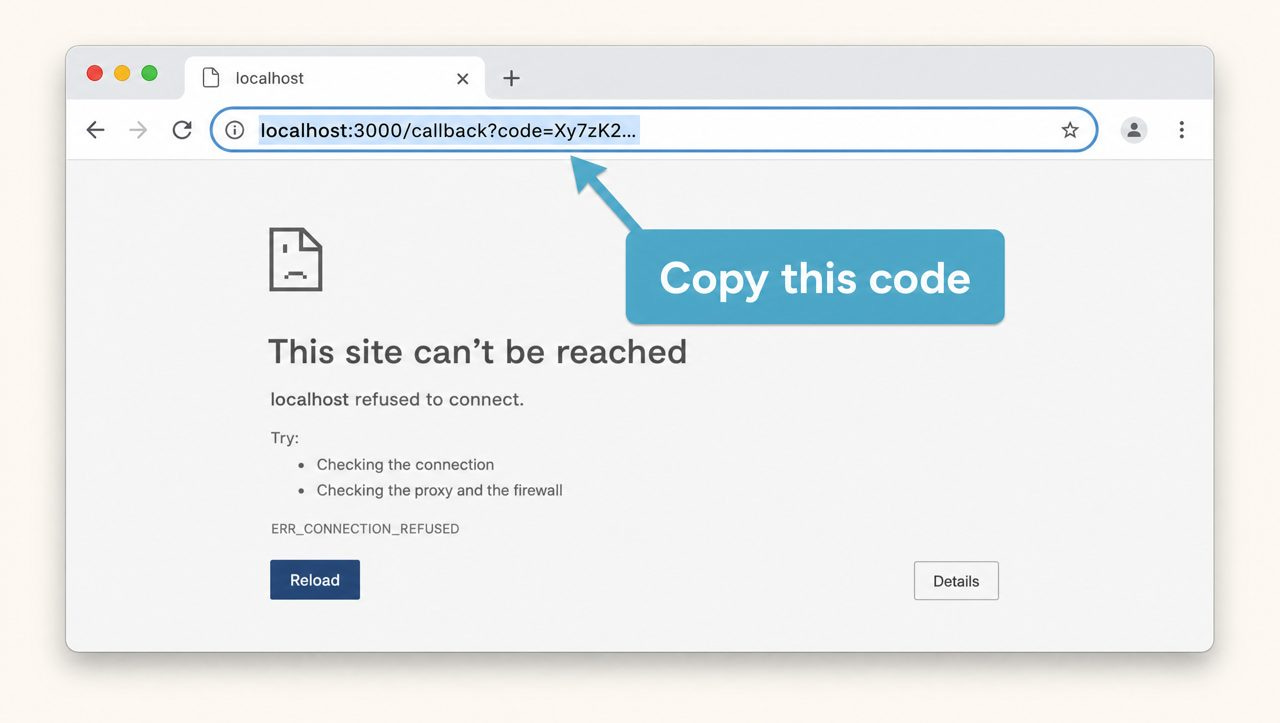 Callback page with the code in the address bar