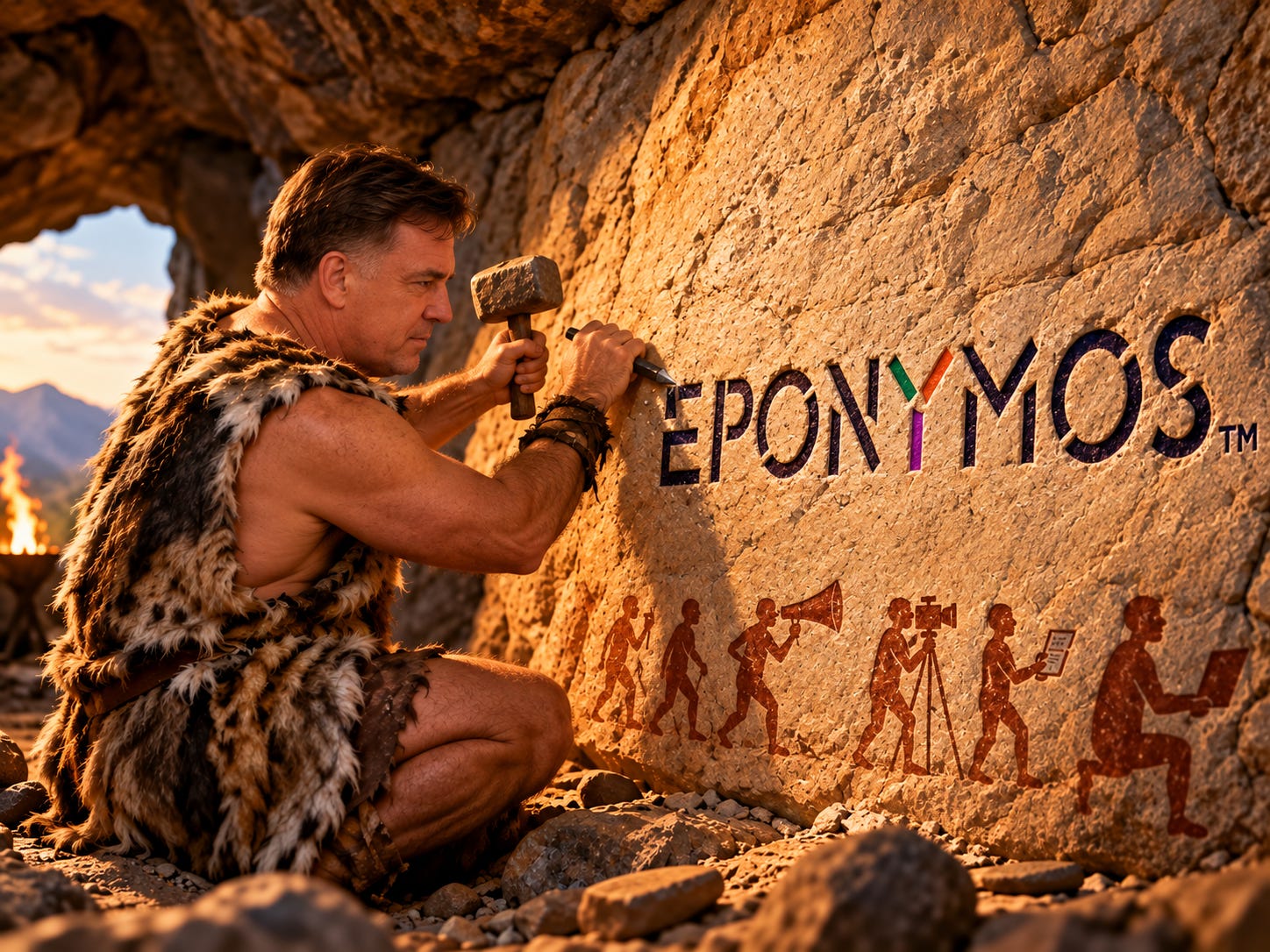 Caveman Bill, focused on hammer-and-chisel finishing touches to the actual full-color Eponymos logo carved into the cave wall. How did he do that back then??