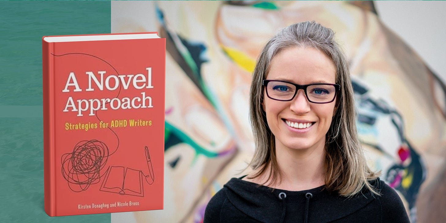 In this image, we see a cover of the book "A Novel Approach: Strategies for ADHD Writers", co-authored by Nicole Bross, who is pictured to the right, a woman with glasses and long hair. Nicole Bross is a book coach for neurodiverse writers who are working on novel-length projects. 