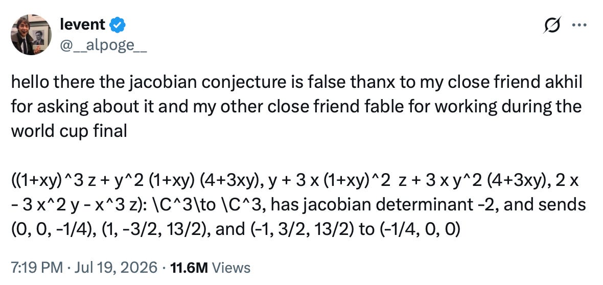 Screenshot of a tweet by levent (@__alpoge__) posted at 7:19 PM on Jul 19, 2026, with 11.6M views, reading: ”hello there the jacobian conjecture is false thanx to my close friend akhil for asking about it and my other close friend fable for working during the world cup final,” followed by a polynomial map from ℂ³ to ℂ³ with Jacobian determinant −2 that sends three specified points to (−1/4, 0, 0), serving as a counterexample.