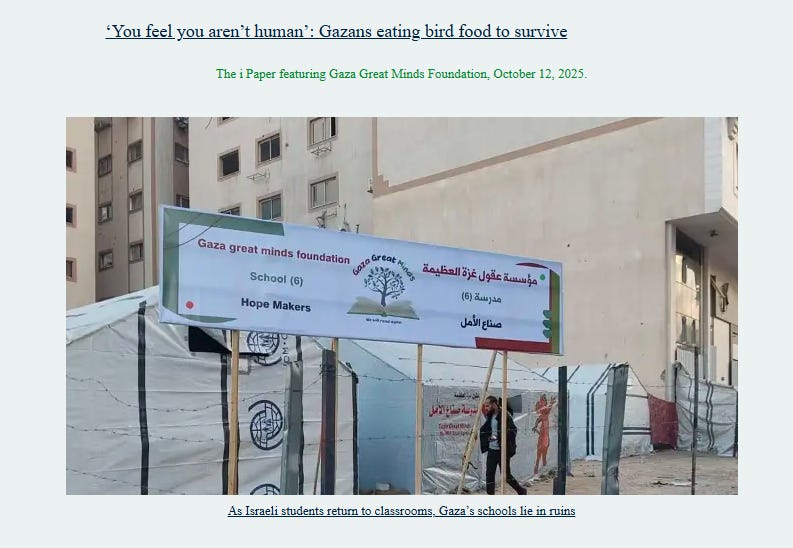 Gaza Great Minds tent school,  Hope Makers. (Image credit: screenshot, The i Paper, Featuring Gaza Great Mind Foundation, October 12, 2025).
