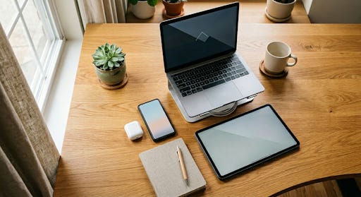 Photo of a laptop and tablet on a desk.
