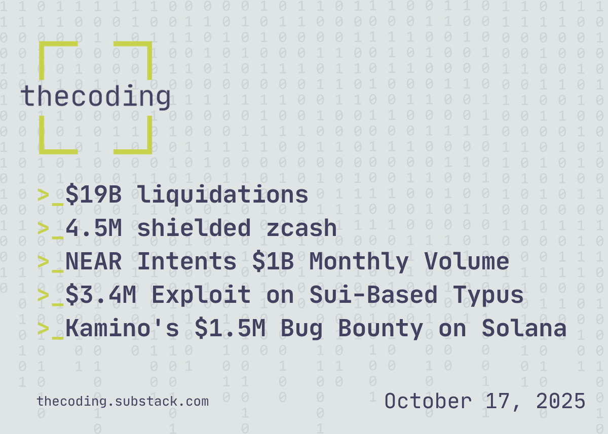>_$19B liquidations >_4.5M shielded zcash >_NEAR Intents $1B Monthly Volume >_$3.4M Exploit on Sui-Based Typus >_Kamino's $1.5M Bug Bounty on Solana