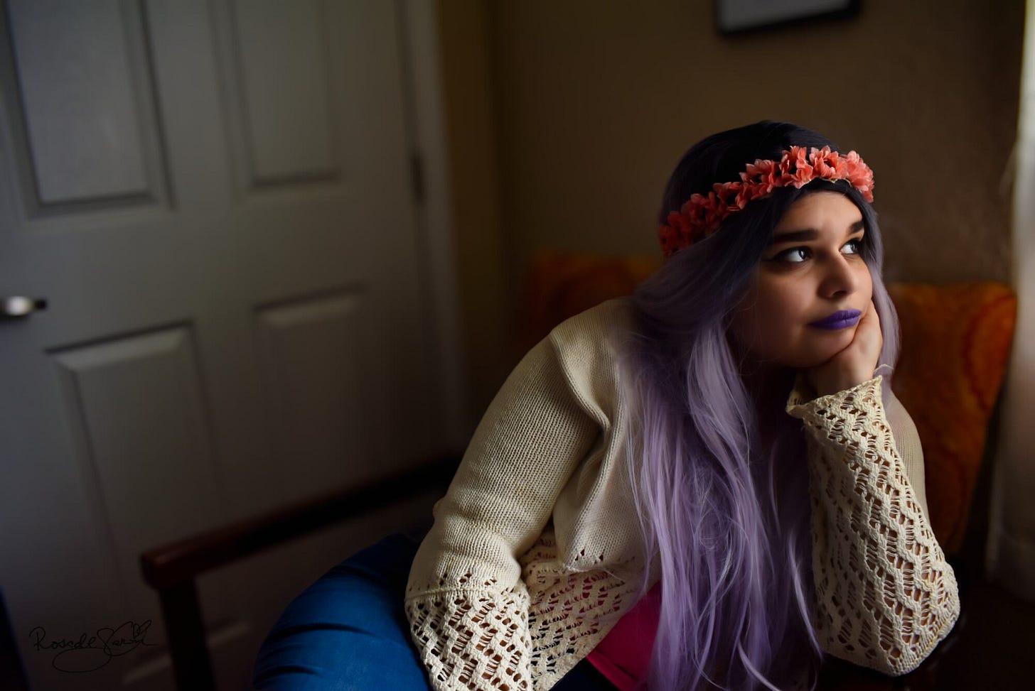 A picture of Rosa de Saron C. with a flower crown