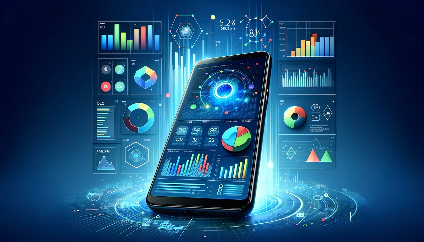 Create a dynamic and engaging banner for a blog post about a data analytics app. The image should feature a modern and sleek smartphone displaying colorful graphs and charts on its screen, symbolizing advanced data analysis. Surround the smartphone with various data visualization elements like pie charts, bar graphs, and line charts floating in the digital space around it. The background should be a gradient from dark blue to light blue, representing a high-tech and sophisticated atmosphere. The overall feel should be innovative, professional, and tailored to attract tech-savvy audiences interested in data analytics. Create a dynamic and engaging banner for a blog post about a data analytics app. The image should feature a modern and sleek smartphone displaying colorful graphs and charts on its screen, symbolizing advanced data analysis. Surround the smartphone with various data visualization elements like pie charts, bar graphs, and line charts floating in the digital space around it. The background should be a gradient from dark blue to light blue, representing a high-tech and sophisticated atmosphere. The overall feel should be innovative, professional, and tailored to attract tech-savvy audiences interested in data analytics.