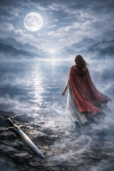 Ireena walking toward Lake Zarovich in a dreamscape, crimson cloak trailing, Sun Sword abandoned behind her, moonlit mist curling around her, mountains dissolving into a half‑imagined horizon