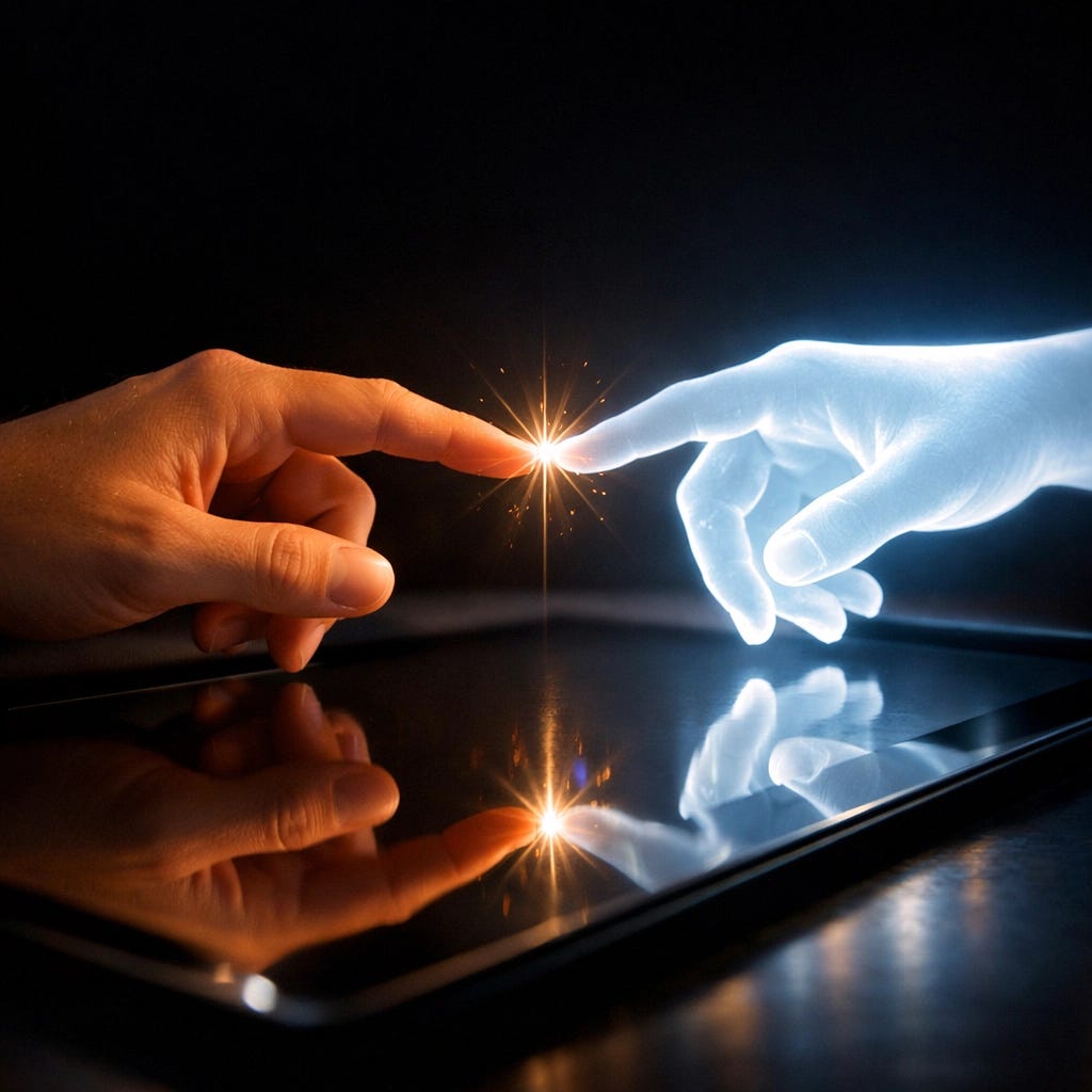 Two hands touching a digital screen representing human connection and the culture of encounter | Dr. Marcus Peter