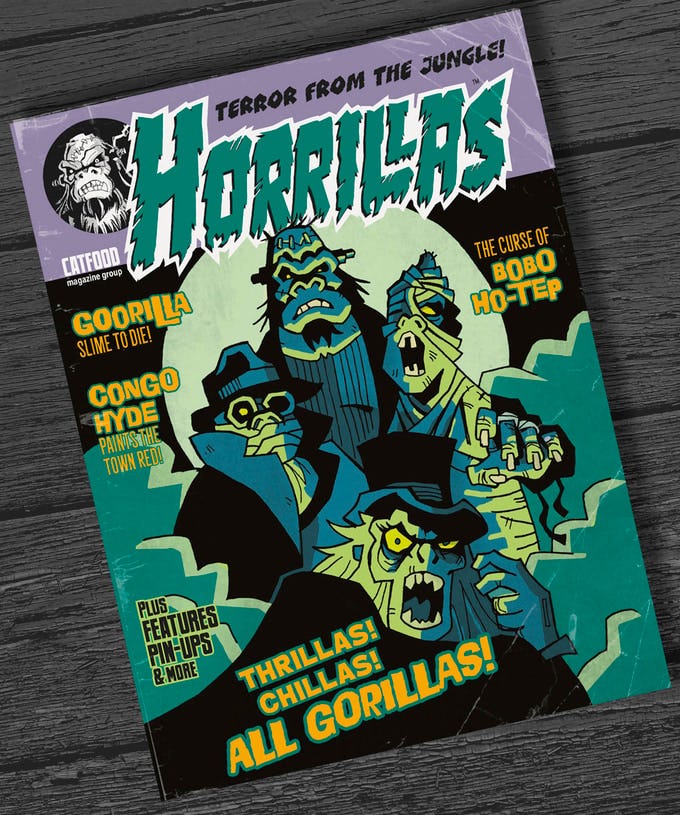 Front cover of HORRILLAS, The Missing Link, Frankenstein's Ape, Bobo Ho-Tep and Congo Hyde stand in front of a glowing green moon, surrounded by ghostly green mist.