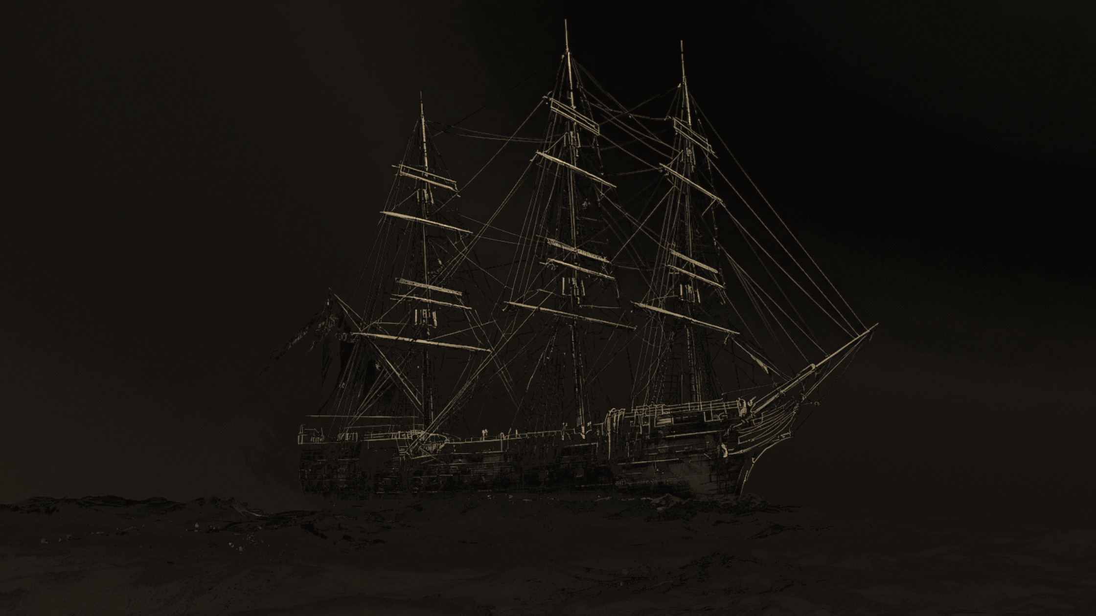 Ghostly tall ship listing on dark water, ornate and translucent, in the act of sinking — illustrating the essay Decorating Instability by A.C. Cash