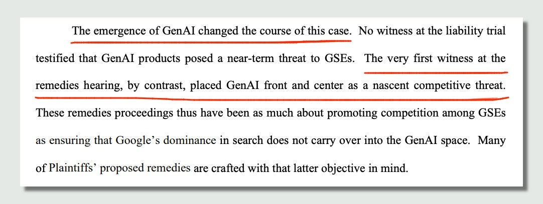 La inteligencia artificial salvó a Google. Fragmento del documento de las medidas correctivas del juez Mehta a Google por monopolizar el mercado de búsquedas en línea. https://storage.courtlistener.com/recap/gov.uscourts.dcd.223205/gov.uscourts.dcd.223205.1436.0.pdf