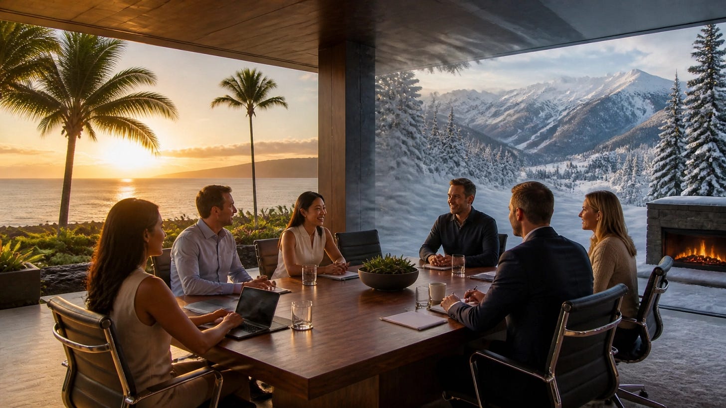 A contrasting travel scene with Maui ocean views and snowy Vail mountains