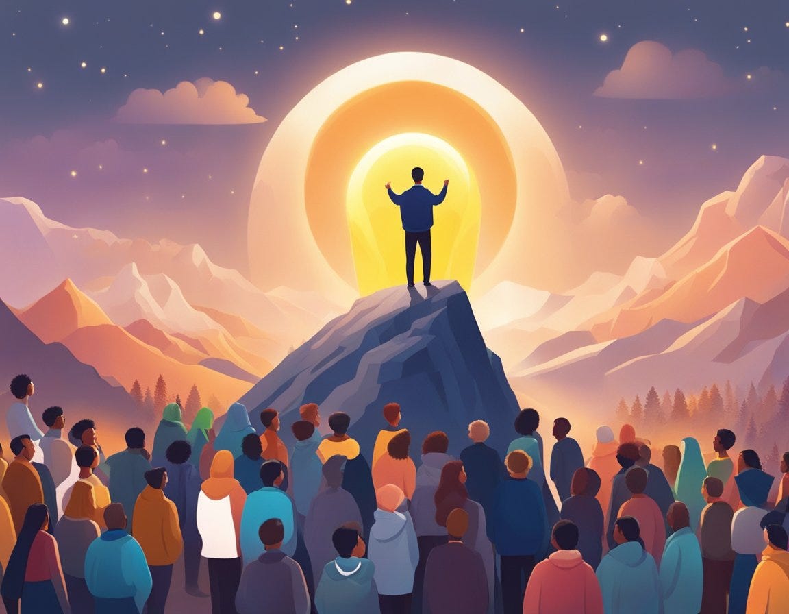 A person standing on a mountain peak, holding a glowing light, surrounded by people of different cultures and backgrounds listening intently