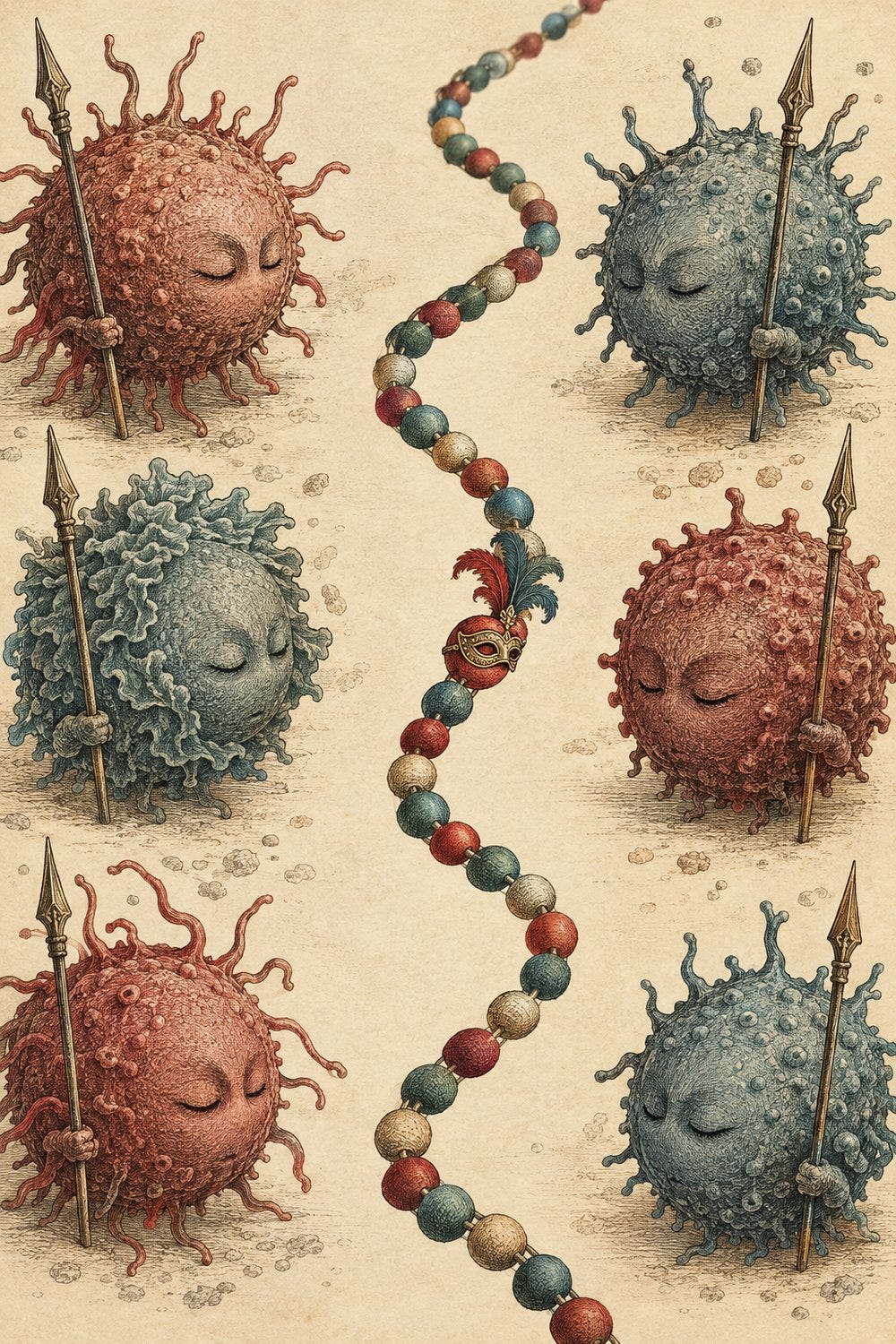 A strand of RNA beads with one masked bead passing between sleeping immune sentinels. A strand of RNA beads with one masked bead passing between sleeping immune sentinels.