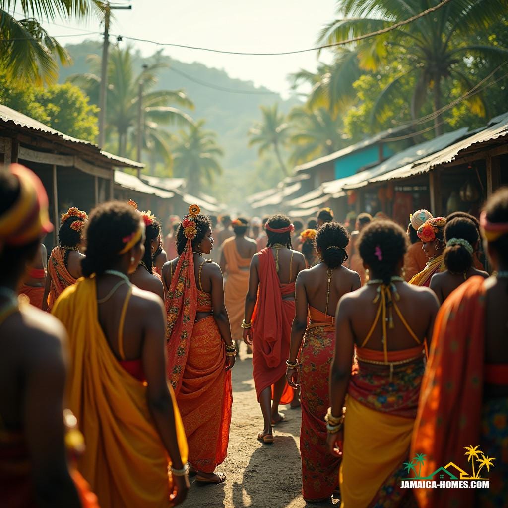 A group of Indo-Jamaicans, dressed in vibrant, traditional attire, gathered in a bustling market square, surrounded by lush greenery and rustic wooden stalls, evoking the rich cultural heritage of Northern and South India, set against the breathtaking Jamaican landscape, infused with warm, golden light, and a hint of tropical mist, captured in a cinematic film still, reminiscent of the works of acclaimed cinematographers, such as Emmanuel Lubezki and Roger Deakins, with a blend of neorealist and magical realist elements