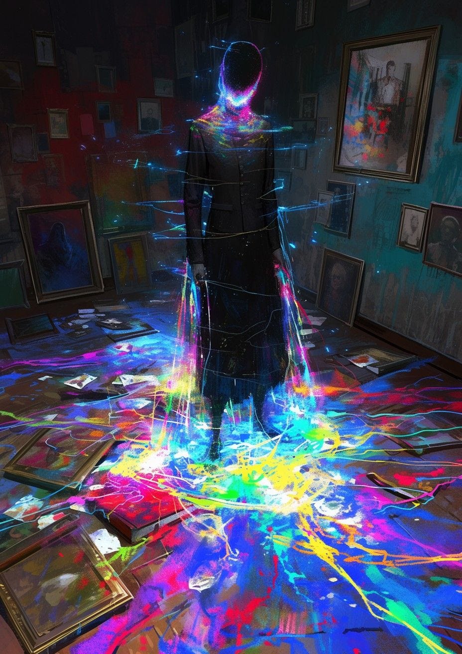 Dark silhouette standing amidst spilled colorful paint