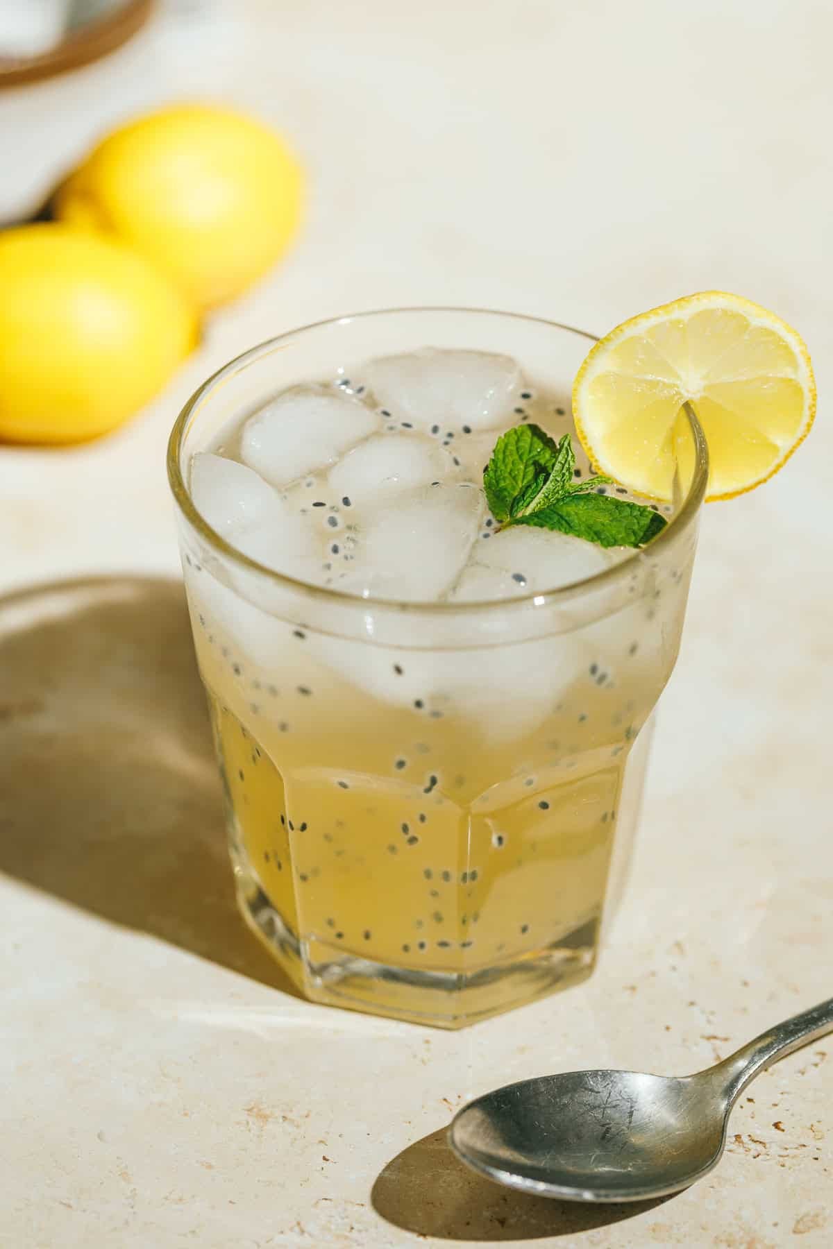 A green tea iced lemonade with soaked basil seeds.