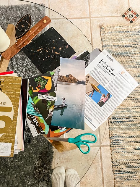 Photo of a hand holding up an illustrated book entitled 'Trees,' in a living room with a red bookcase and a tv in the background; mirror selfie photo of woman in a short dress and cap and carrying a bag; photo of a tree with several orchids of different colors along a sidewalk in front of a building; photo of a coastline with water in the background and a city skyline in the distant background, with a towering art sculpture and palm trees in the foreground; a photo of a woman's legs and painted toes sitting on green grass with a backpack on her left and a rocky shore and water from a bay in front of her; photo of a white stone archway with ivory and patterned tiles inset, and palm leaves on the ground below, with patches of light and shadow against the wall; a convertible car with paintings and the words 'Everybody LOVE everybody' and bumper stickers that say things like 'Life Without Art is Stupid'; a photo of a head-on view of a baby blue with yellow trim lifeguard station on the sand with the ocean behind it; an overhead photo of a stack of magazines, scissors, and magazine clippings for a collage, on top of a clear glass coffee table and tile floor and rugs.