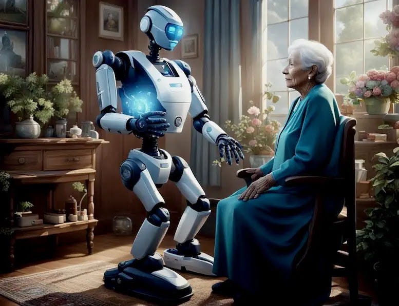 An elderly woman receiving medical care from an artificial intelligence robot physician in her home.